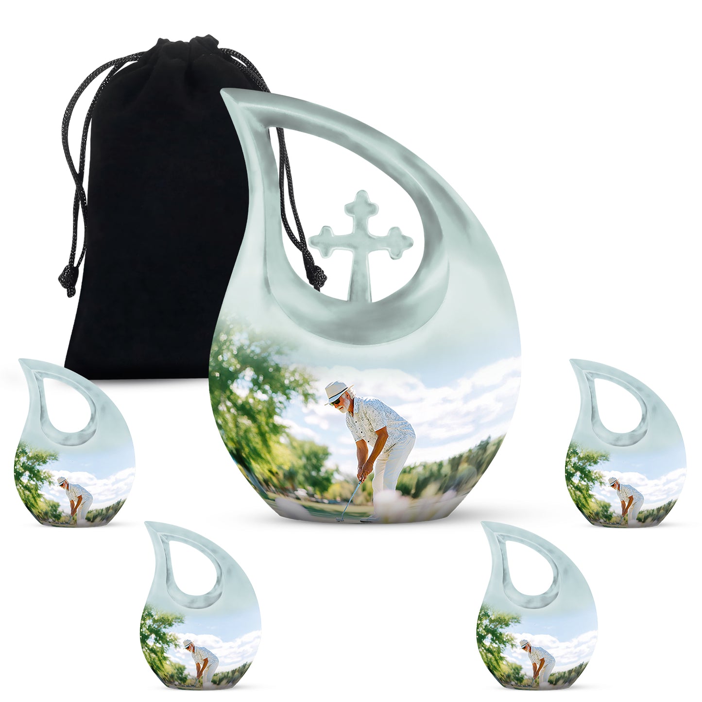 Polished Silver Golf Cremation Urn urn with complimentary velvet bag - faith-inspired cross-drop urn with golf pattern - memorial set with one large and four small urns