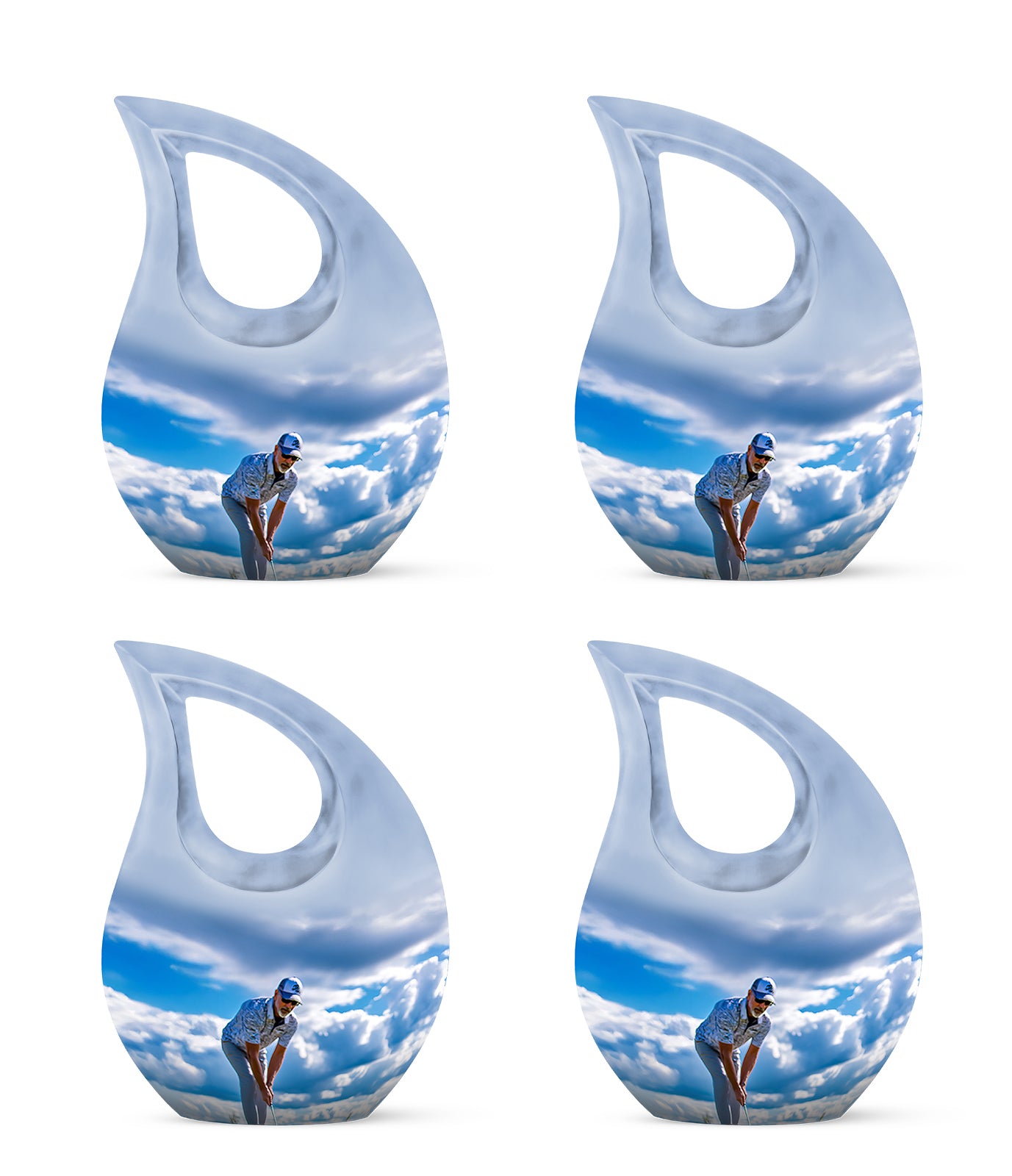 Calming Blue Golf Cremation Urn lifestyle display on memorial shelf - faith-inspired cross-drop urn with golf pattern - 10 inch aluminum urn for cremated remains
