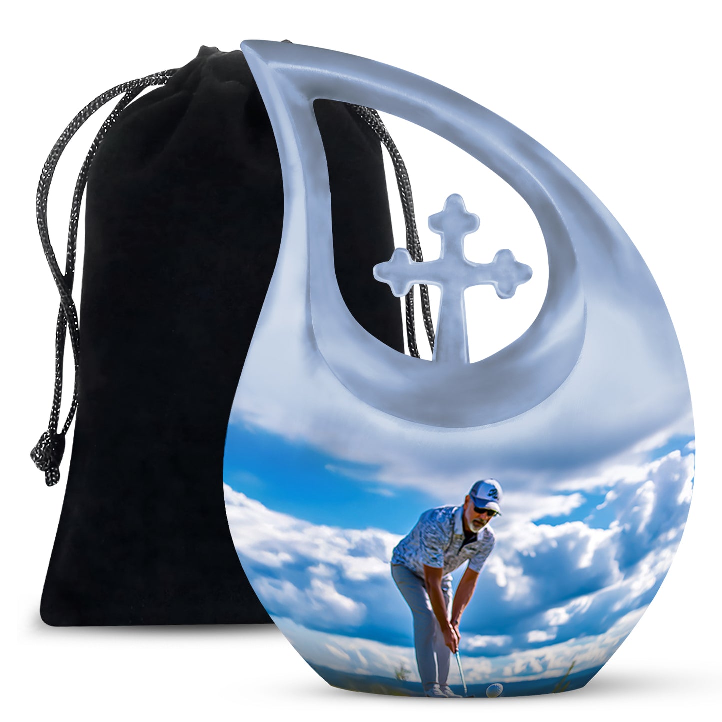 Pastel Blue Golf Cremation Urn top-down view of secure threaded lid - sacred cross merged with golf motif on metal - full-size 10 inch 200 cubic inch adult cremation urn