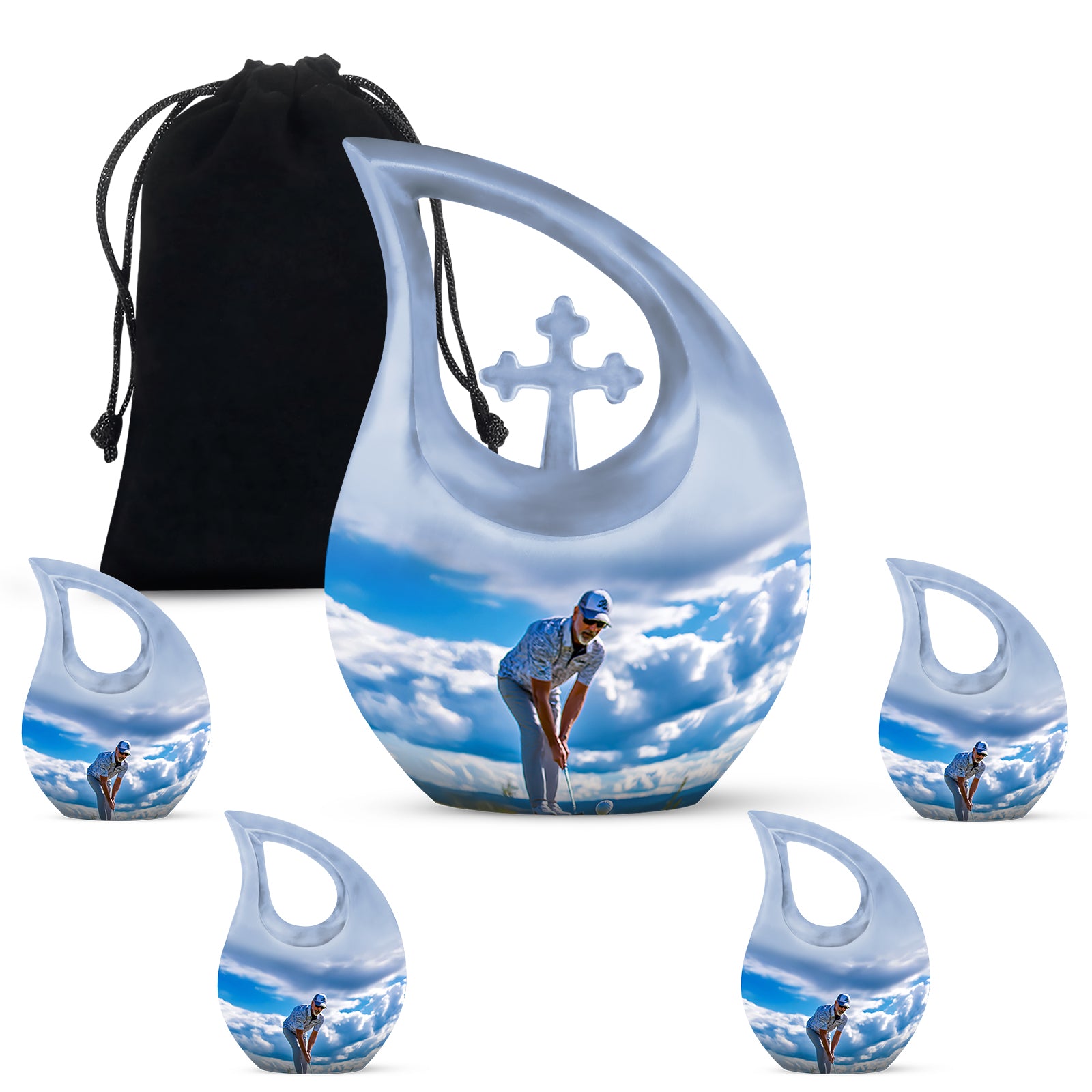 Steel Blue Golf Cremation Urn urn with complimentary velvet bag - faith-inspired cross-drop urn with golf pattern - memorial set with one large and four small urns