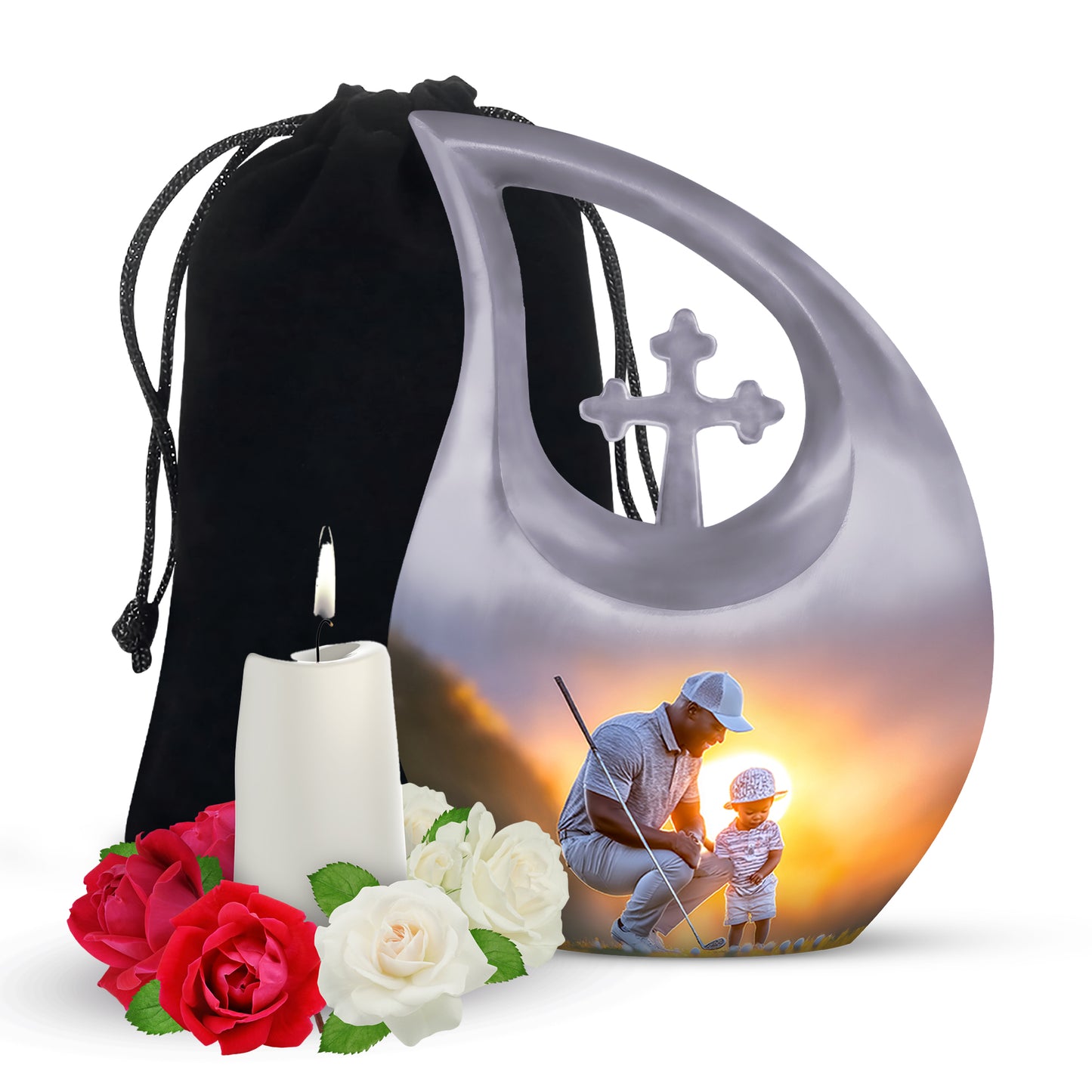 Silver Gray Golf Cremation Urn top-down view of secure threaded lid - sacred cross merged with golf motif on metal - full-size 10 inch 200 cubic inch adult cremation urn