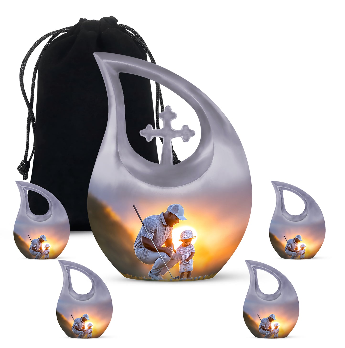 Pewter Gray Golf Cremation Urn urn with complimentary velvet bag - sacred cross merged with golf motif on metal - memorial set with one large and four small urns