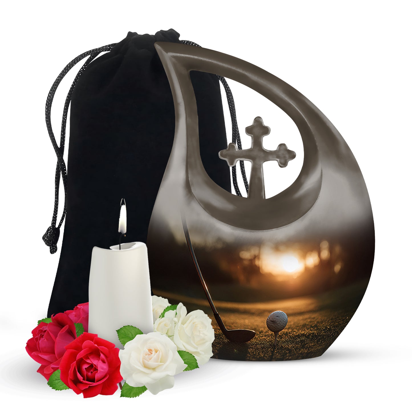 Harvest Gold Golf Cremation Urn top-down view of secure threaded lid - devotional cross-drop golf engraving - full-size 10 inch 200 cubic inch adult cremation urn