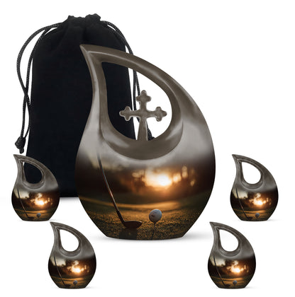 Royal Gold Golf Cremation Urn urn with complimentary velvet bag - devotional cross-drop golf engraving - memorial set with one large and four small urns