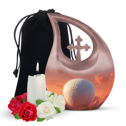 Deep Red Golf Cremation Urn top-down view of secure threaded lid - sacred cross merged with golf motif on metal - full-size 10 inch 200 cubic inch adult cremation urn