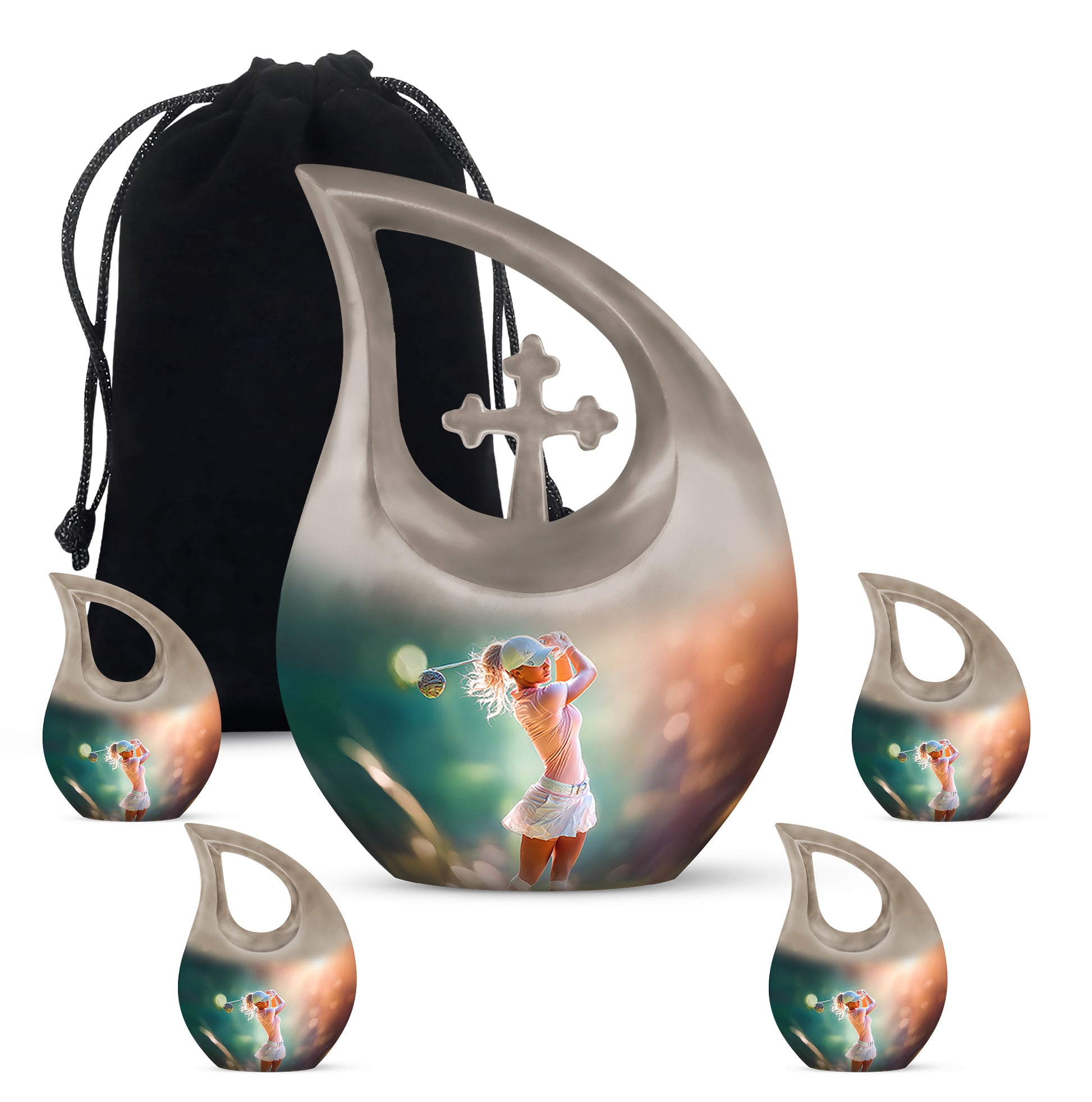 Amber Gold Golf Cremation Urn urn with complimentary velvet bag - cross and golf combined in spiritual memorial design - memorial set with one large and four small urns