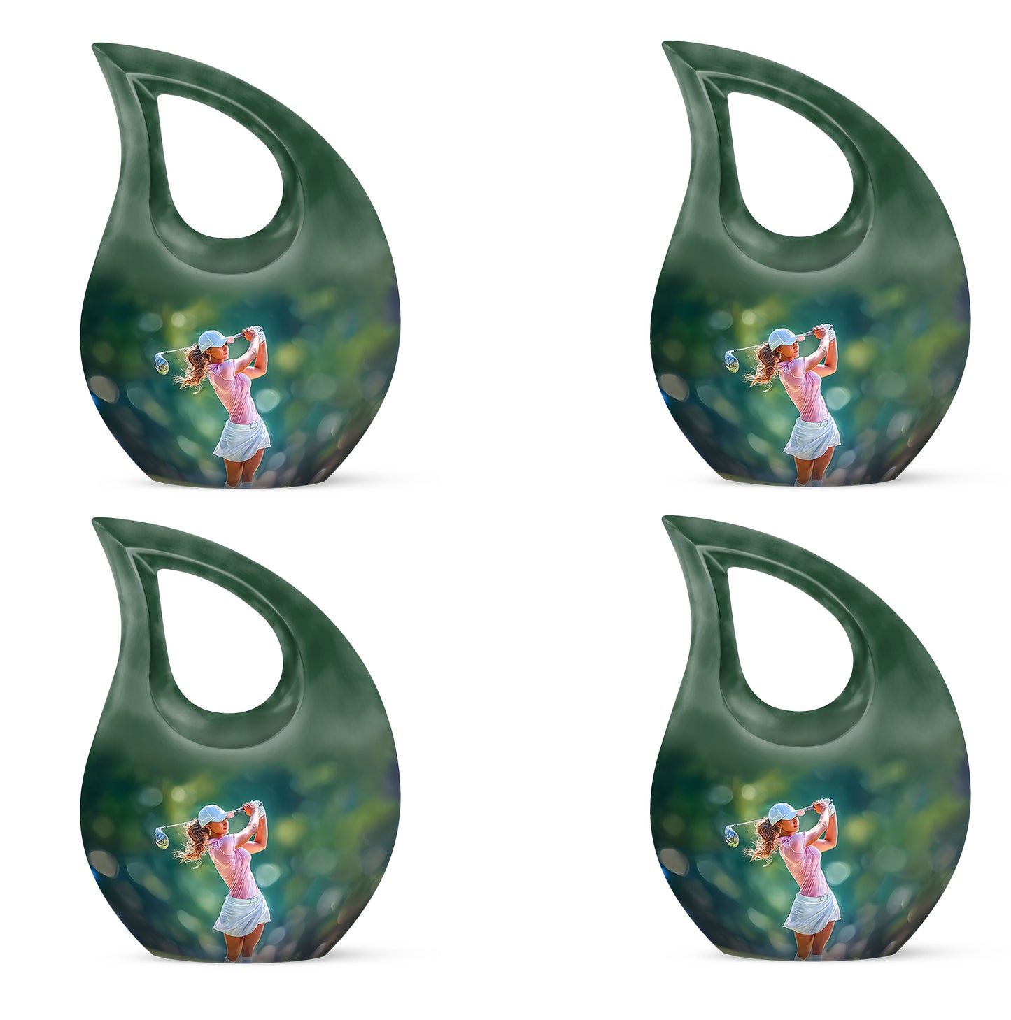 Jade Green Golf Cremation Urn lifestyle display on memorial shelf - sacred cross merged with golf motif on metal - 10 inch aluminum urn for cremated remains