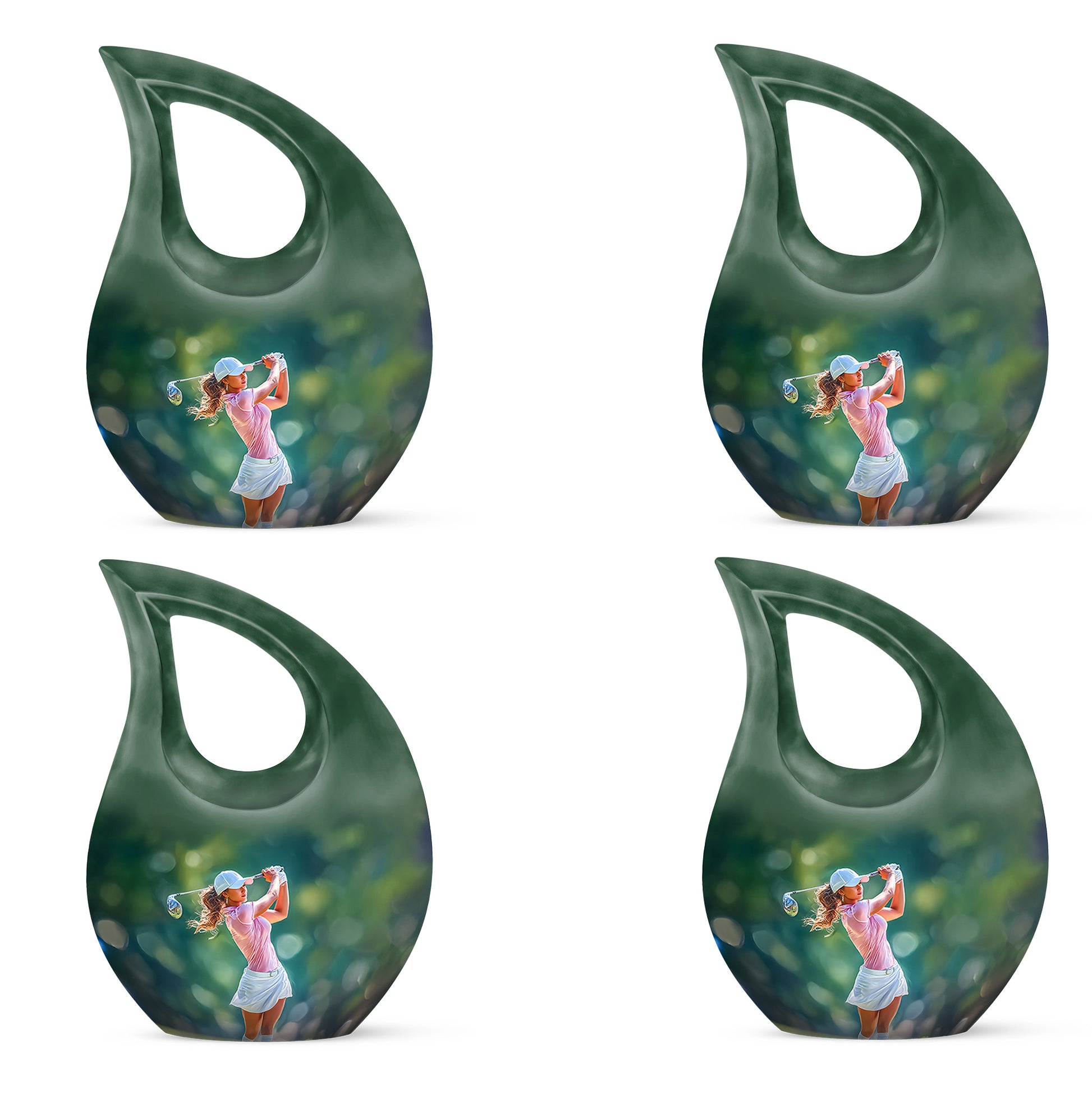Jade Green Golf Cremation Urn lifestyle display on memorial shelf - sacred cross merged with golf motif on metal - 10 inch aluminum urn for cremated remains