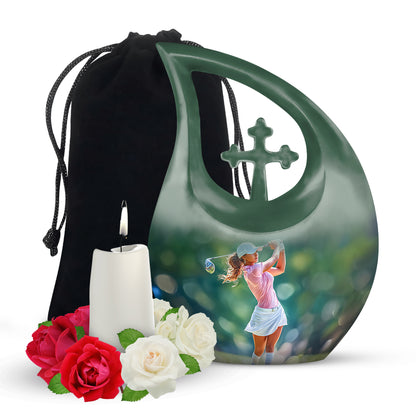 Moss Green Golf Cremation Urn top-down view of secure threaded lid - sacred cross merged with golf motif on metal - full-size 10 inch 200 cubic inch adult cremation urn