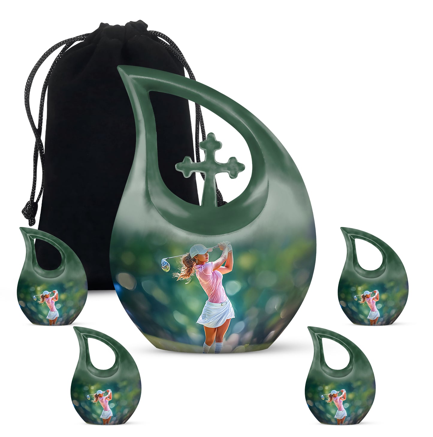 Moss Green Golf Cremation Urn urn with complimentary velvet bag - cross and golf combined in spiritual memorial design - memorial set with one large and four small urns