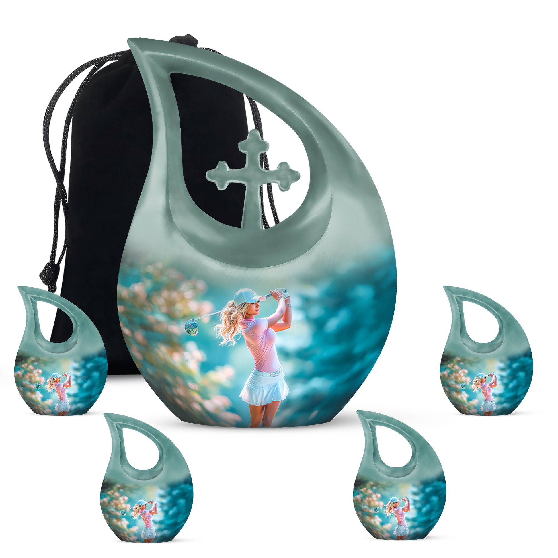 Chrome Silver Golf Cremation Urn urn with complimentary velvet bag - devotional cross-drop golf engraving - memorial set with one large and four small urns