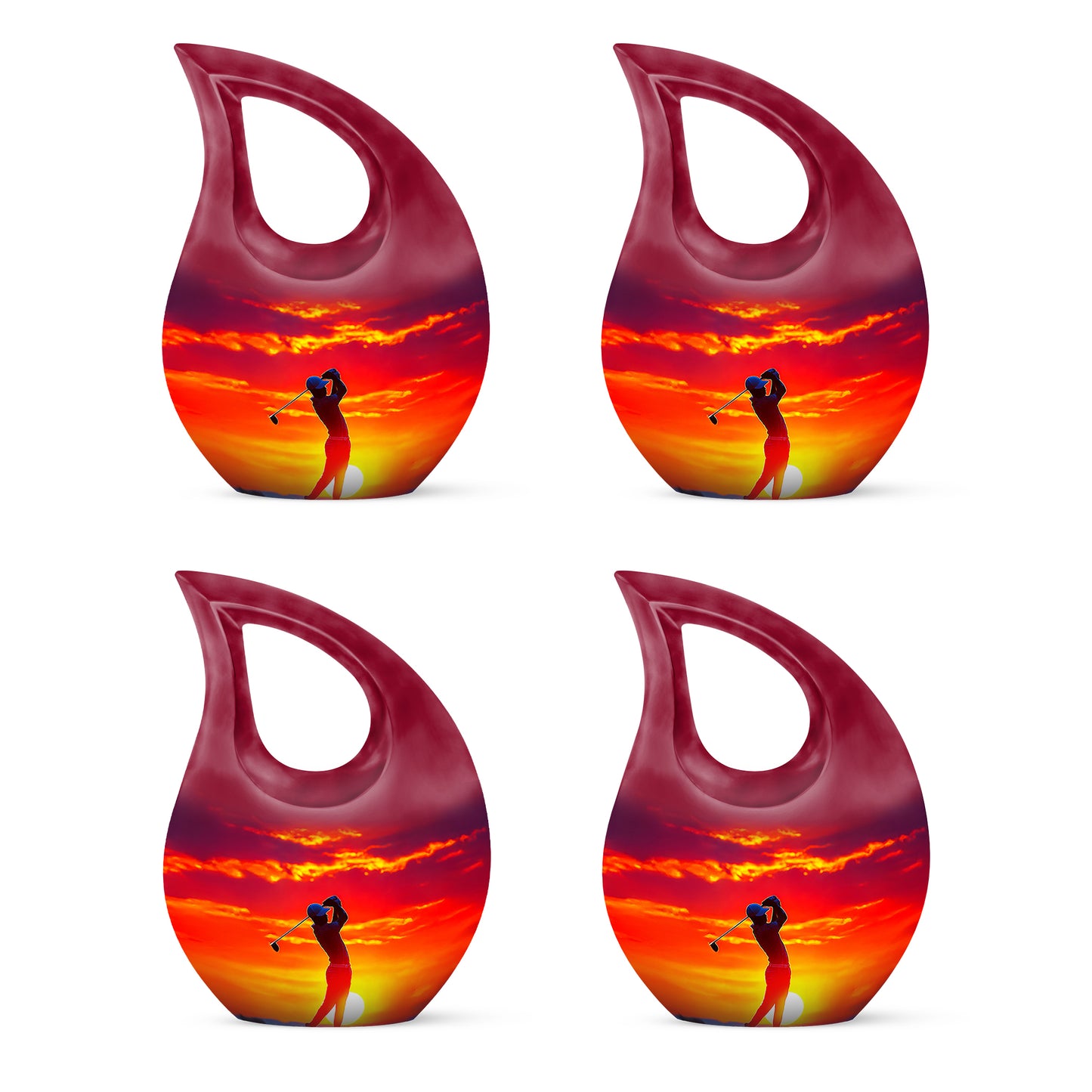 Rich Red Golf Cremation Urn lifestyle display on memorial shelf - faith-inspired cross-drop urn with golf pattern - 10 inch aluminum urn for cremated remains