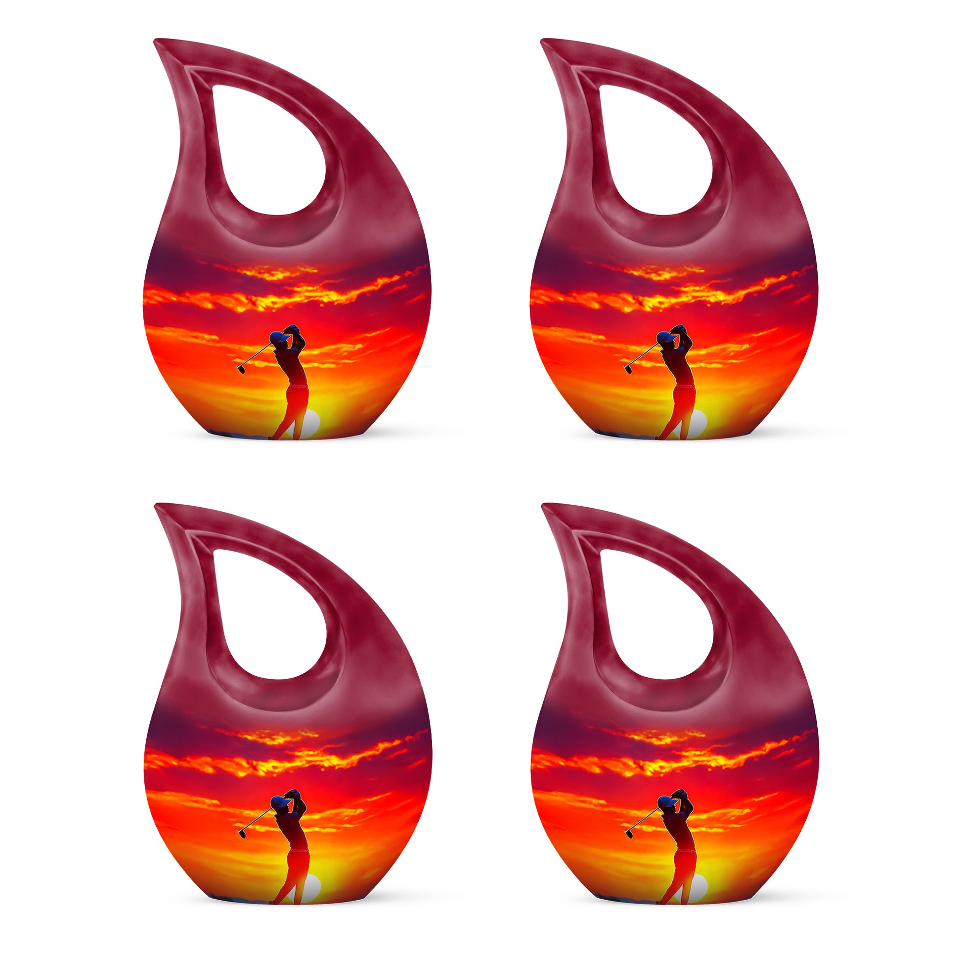 Rich Red Golf Cremation Urn lifestyle display on memorial shelf - faith-inspired cross-drop urn with golf pattern - 10 inch aluminum urn for cremated remains