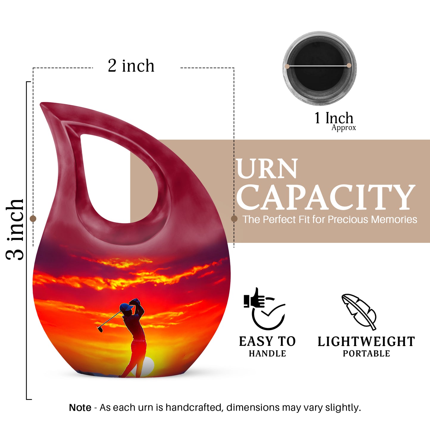 Scarlet Red Golf Cremation Urn back view with polished surface - faith-inspired cross-drop urn with golf pattern - mini keepsake memorial for portion of cremation ashes