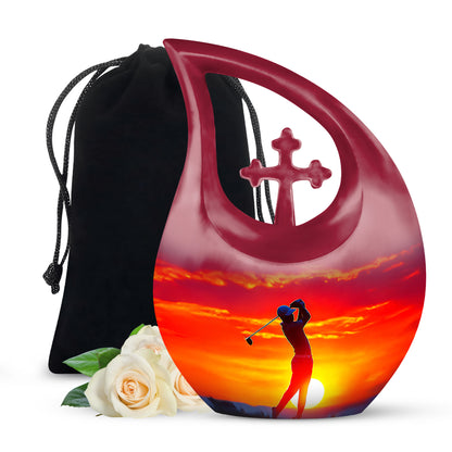 Fiery Red Golf Cremation Urn top-down view of secure threaded lid - faith-inspired cross-drop urn with golf pattern - full-size 10 inch 200 cubic inch adult cremation urn