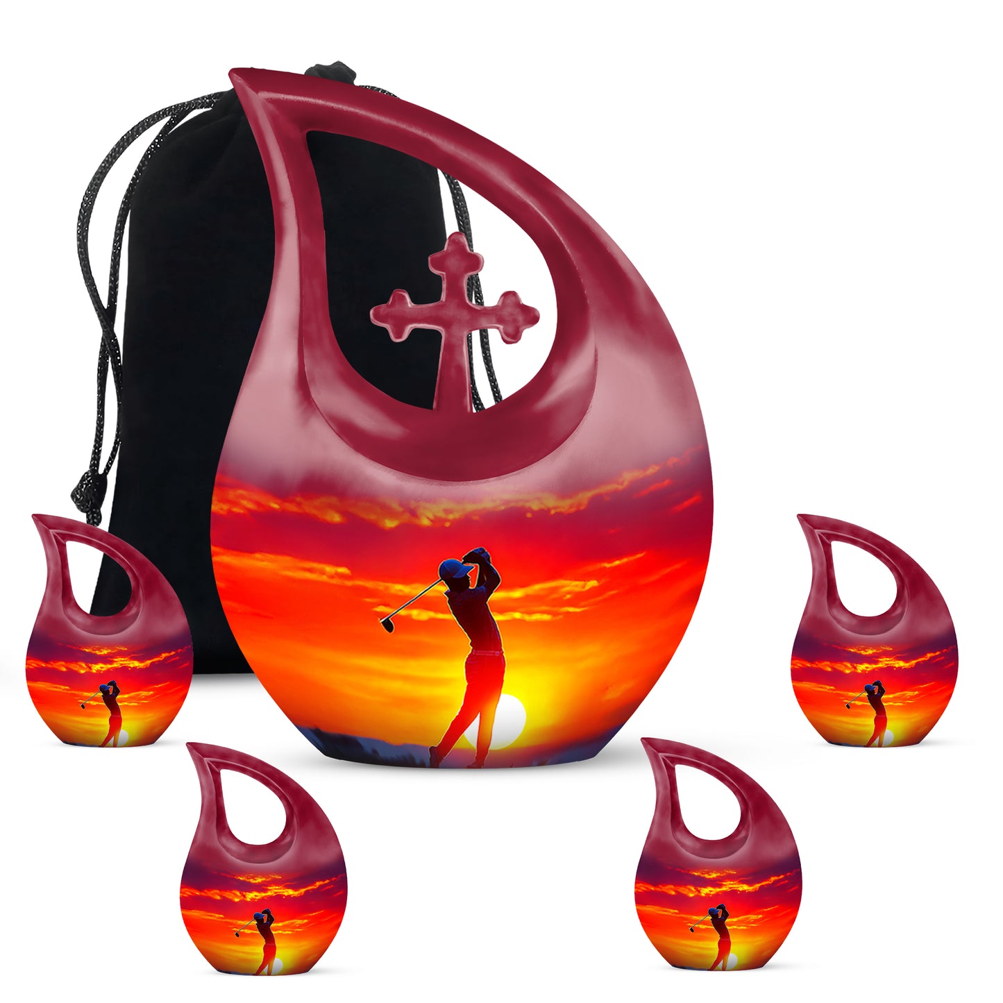 Scarlet Red Golf Cremation Urn urn with complimentary velvet bag - faith-inspired cross-drop urn with golf pattern - memorial set with one large and four small urns