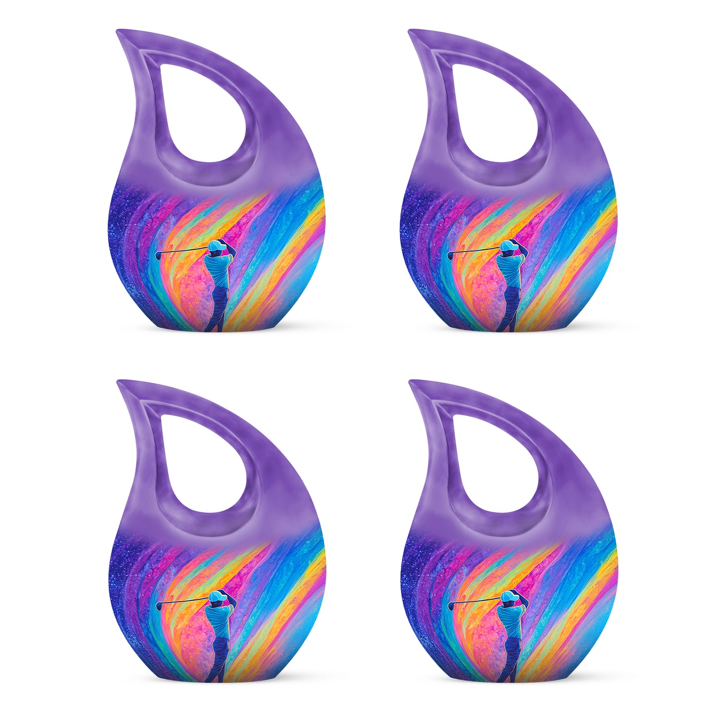 Majestic Purple Golf Cremation Urn lifestyle display on memorial shelf - cross and golf combined in spiritual memorial design - 10 inch aluminum urn for cremated remains