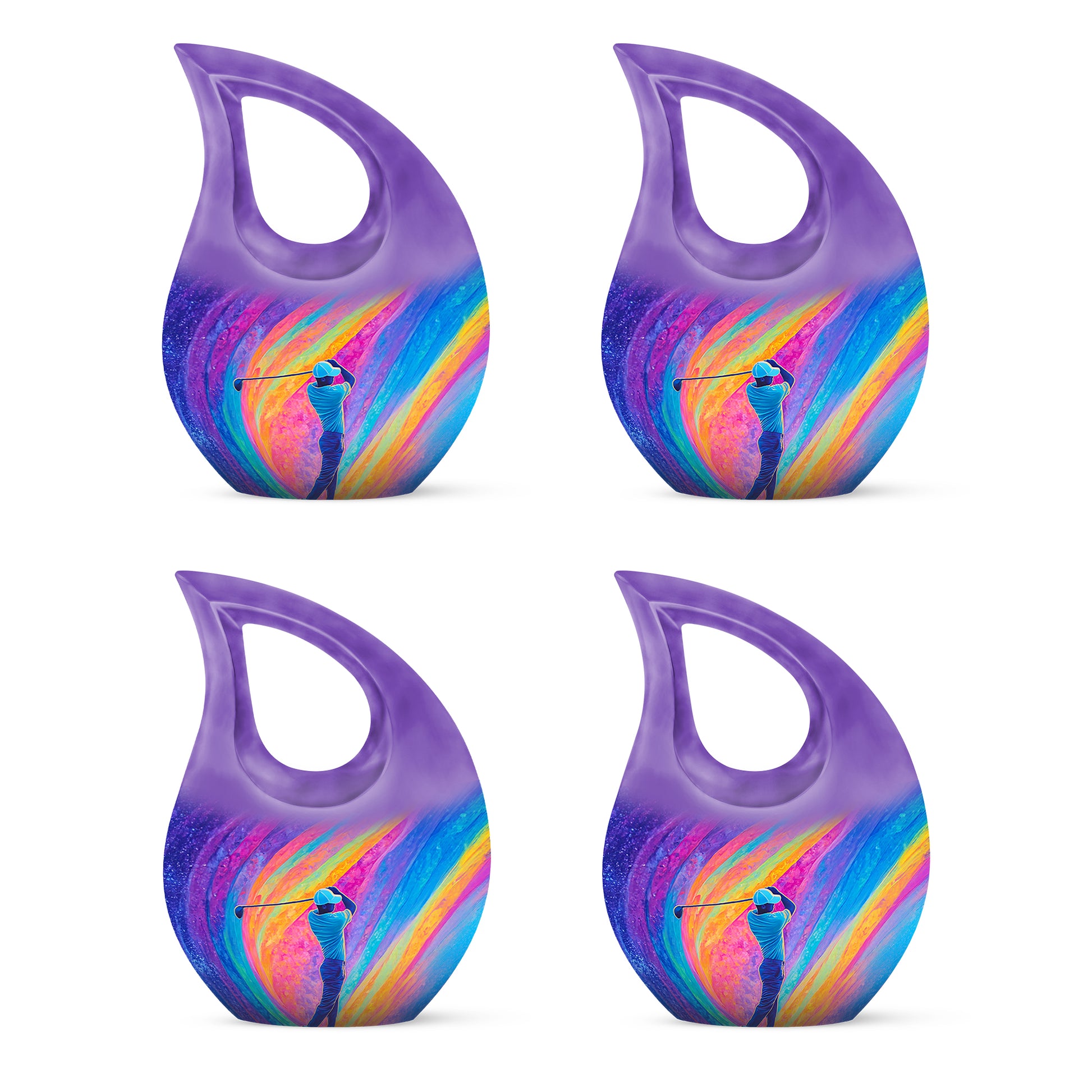 Majestic Purple Golf Cremation Urn lifestyle display on memorial shelf - cross and golf combined in spiritual memorial design - 10 inch aluminum urn for cremated remains