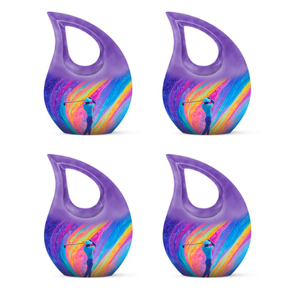 Majestic Purple Golf Cremation Urn lifestyle display on memorial shelf - cross and golf combined in spiritual memorial design - 10 inch aluminum urn for cremated remains