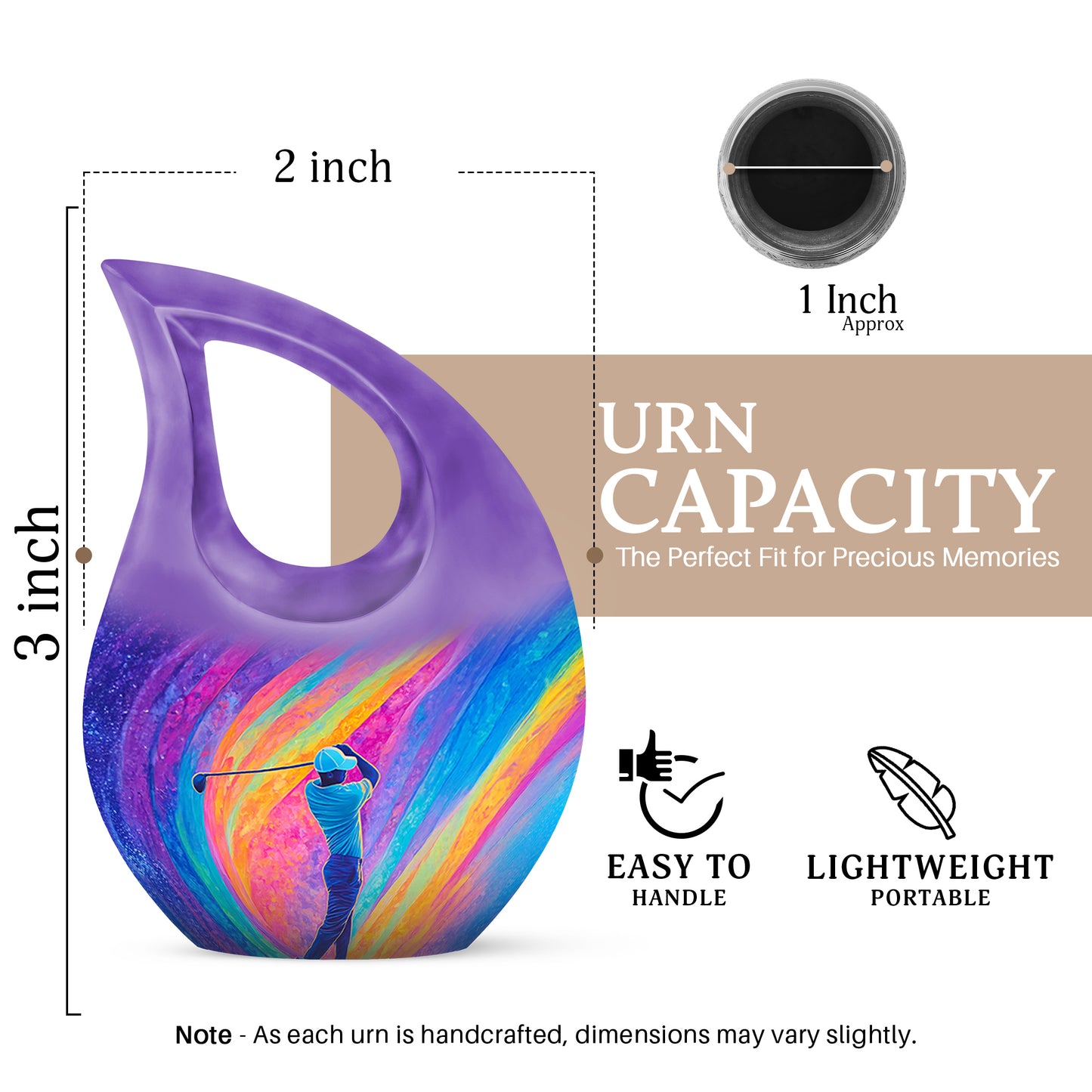 Orchid Purple Golf Cremation Urn back view with polished surface - sacred cross merged with golf motif on metal - mini keepsake memorial for portion of cremation ashes