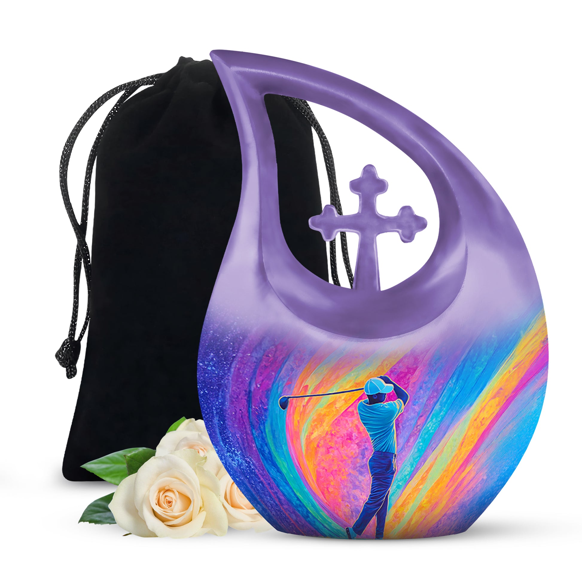 Amethyst Purple Golf Cremation Urn top-down view of secure threaded lid - sacred cross merged with golf motif on metal - full-size 10 inch 200 cubic inch adult cremation urn
