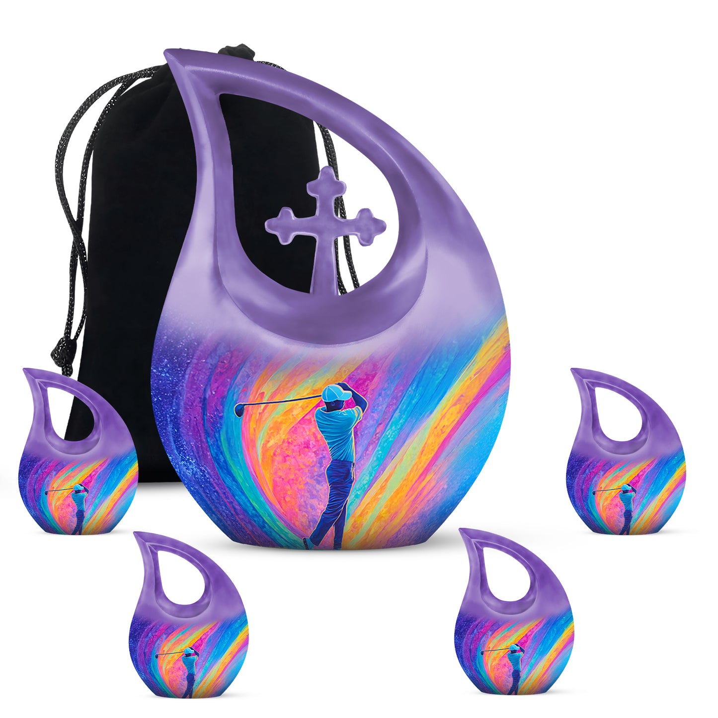 Deep Purple Golf Cremation Urn urn with complimentary velvet bag - cross and golf combined in spiritual memorial design - memorial set with one large and four small urns
