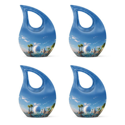 Soft Blue Golf Cremation Urn lifestyle display on memorial shelf - devotional cross-drop golf engraving - 10 inch aluminum urn for cremated remains