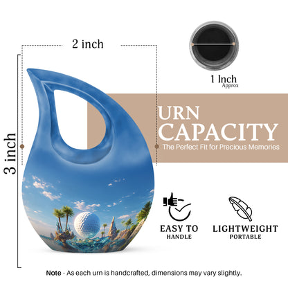 Calming Blue Golf Cremation Urn back view with polished surface - faith-inspired cross-drop urn with golf pattern - mini keepsake memorial for portion of cremation ashes
