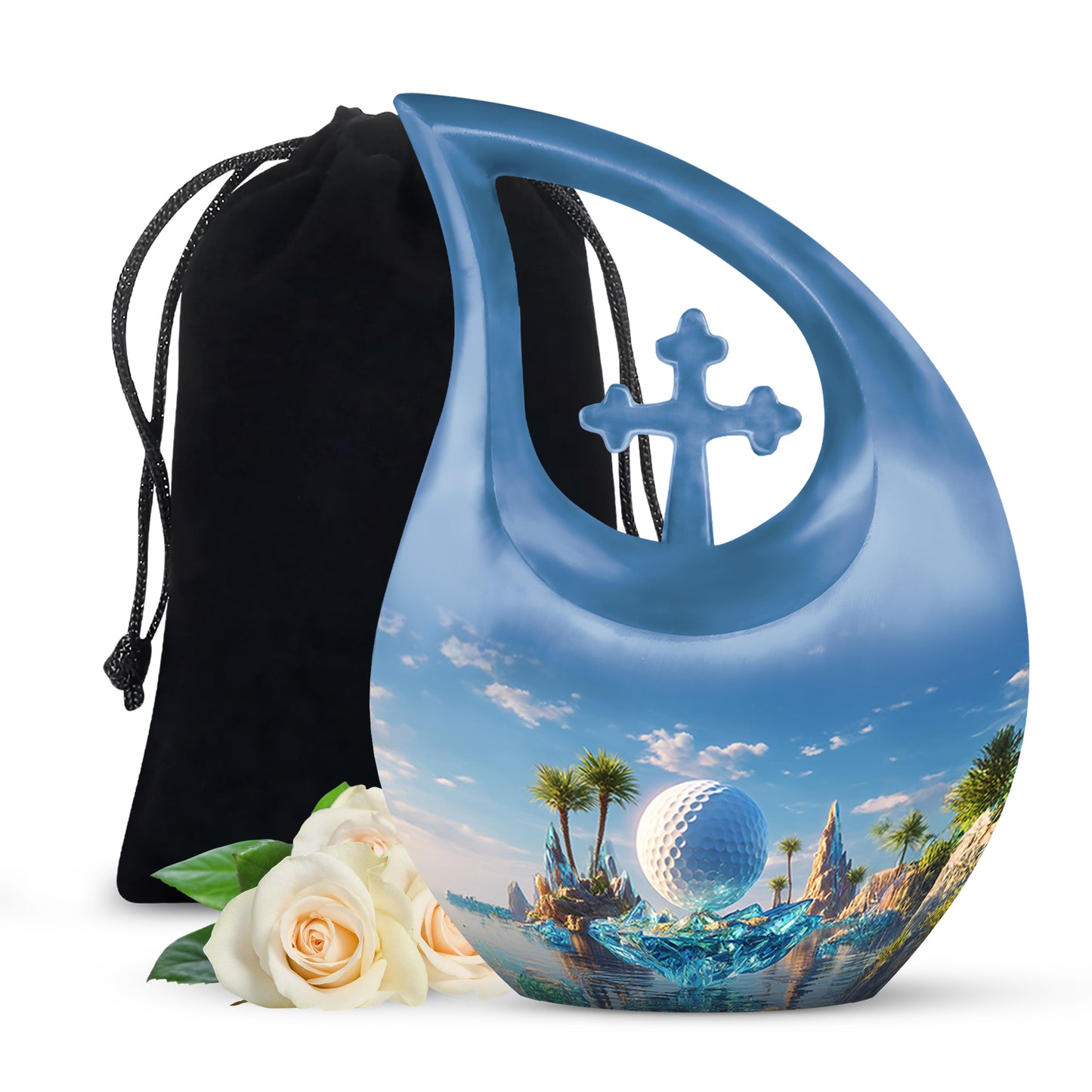 Slate Blue Golf Cremation Urn top-down view of secure threaded lid - sacred cross merged with golf motif on metal - full-size 10 inch 200 cubic inch adult cremation urn