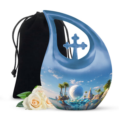 Slate Blue Golf Cremation Urn top-down view of secure threaded lid - sacred cross merged with golf motif on metal - full-size 10 inch 200 cubic inch adult cremation urn