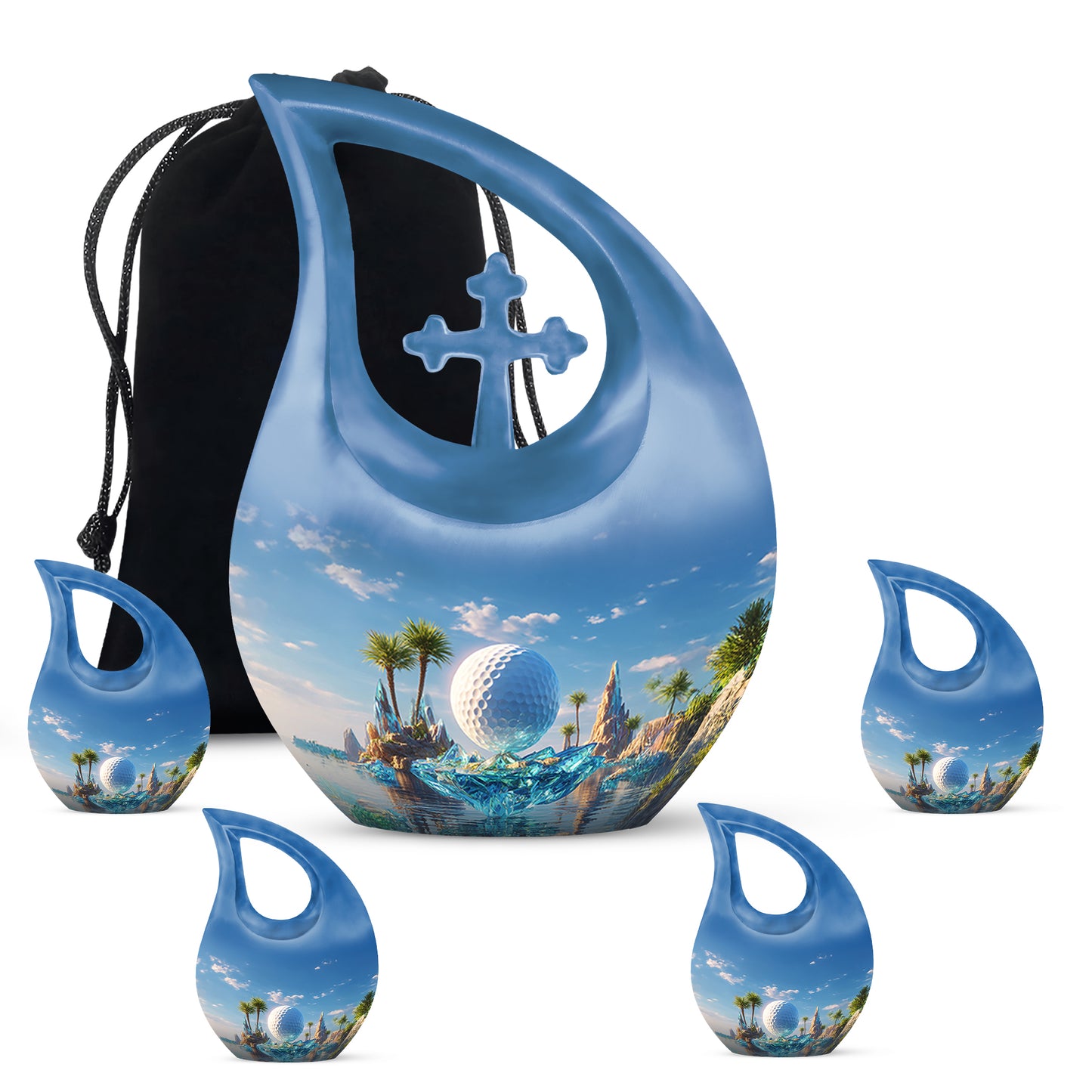 Soft Blue Golf Cremation Urn urn with complimentary velvet bag - devotional cross-drop golf engraving - memorial set with one large and four small urns