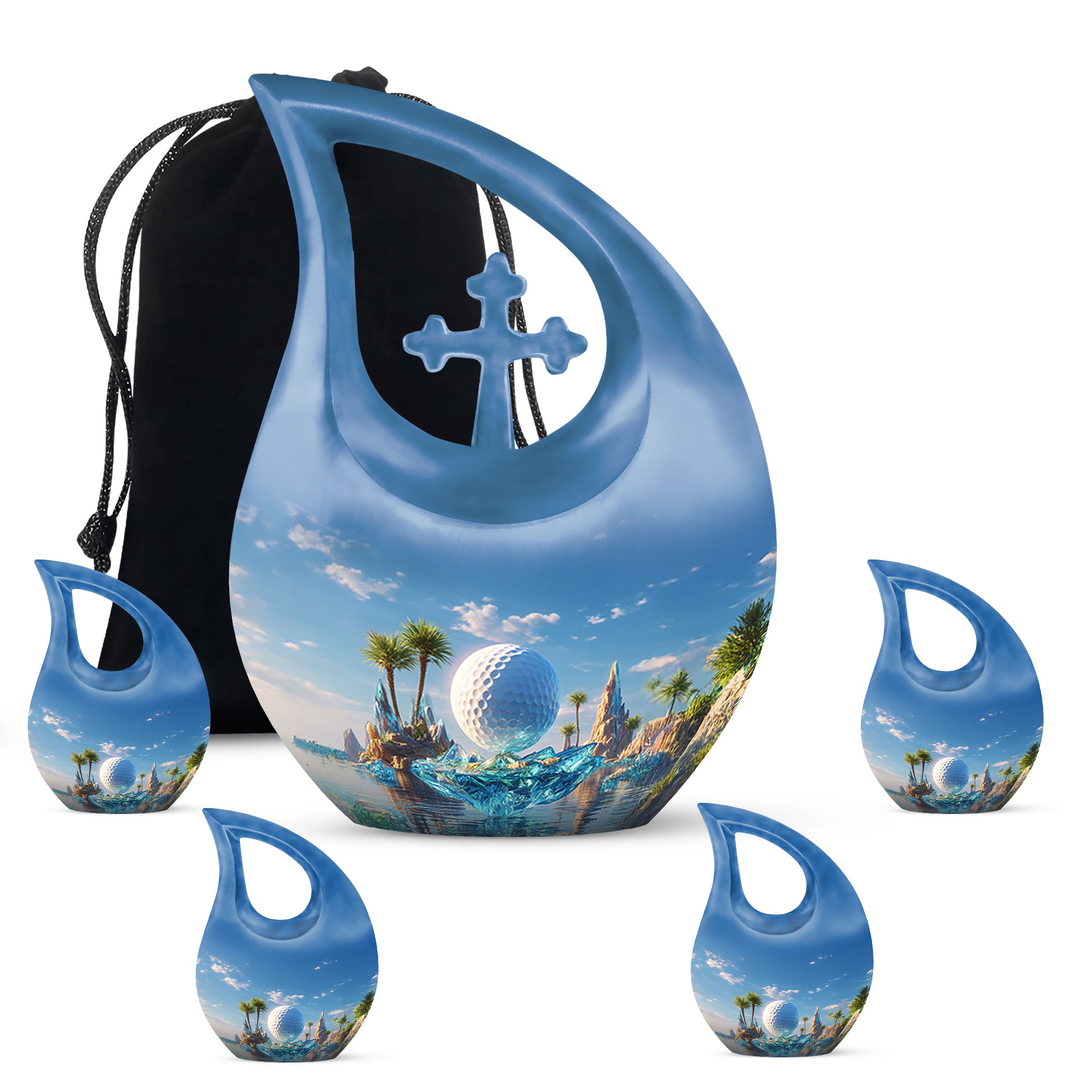 Soft Blue Golf Cremation Urn urn with complimentary velvet bag - devotional cross-drop golf engraving - memorial set with one large and four small urns