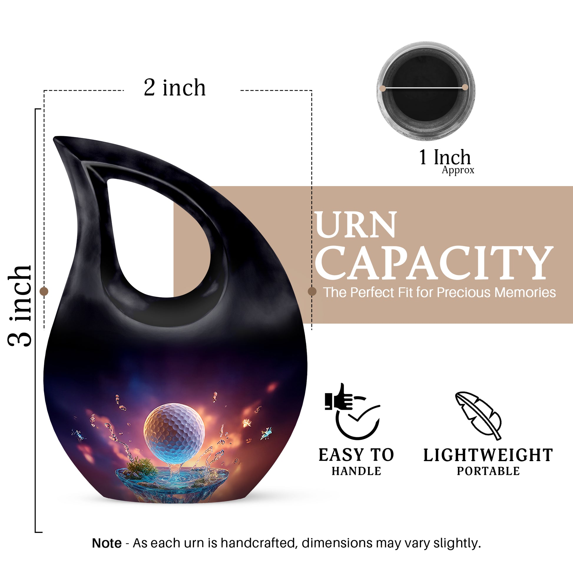 Majestic Purple Golf Cremation Urn back view with polished surface - cross and golf combined in spiritual memorial design - mini keepsake memorial for portion of cremation ashes