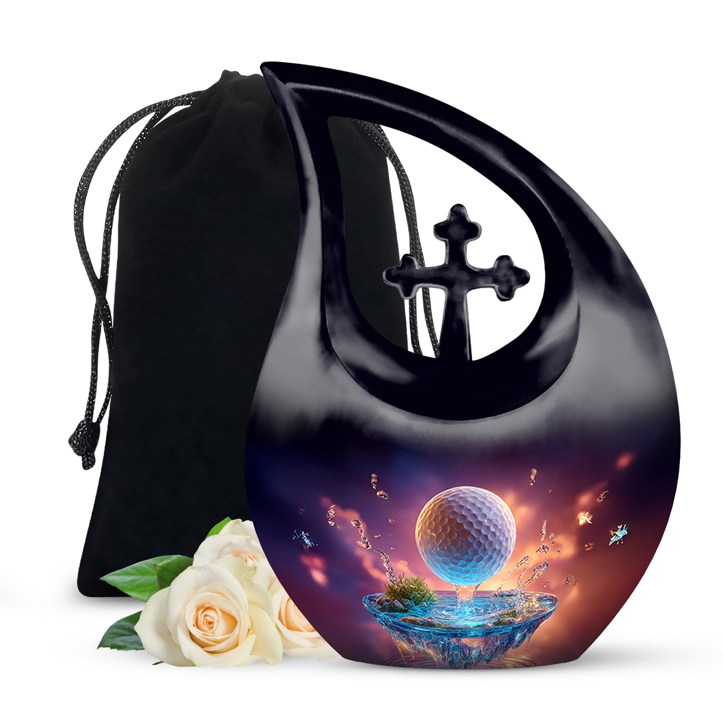 Plum Purple Golf Cremation Urn top-down view of secure threaded lid - sacred cross merged with golf motif on metal - full-size 10 inch 200 cubic inch adult cremation urn
