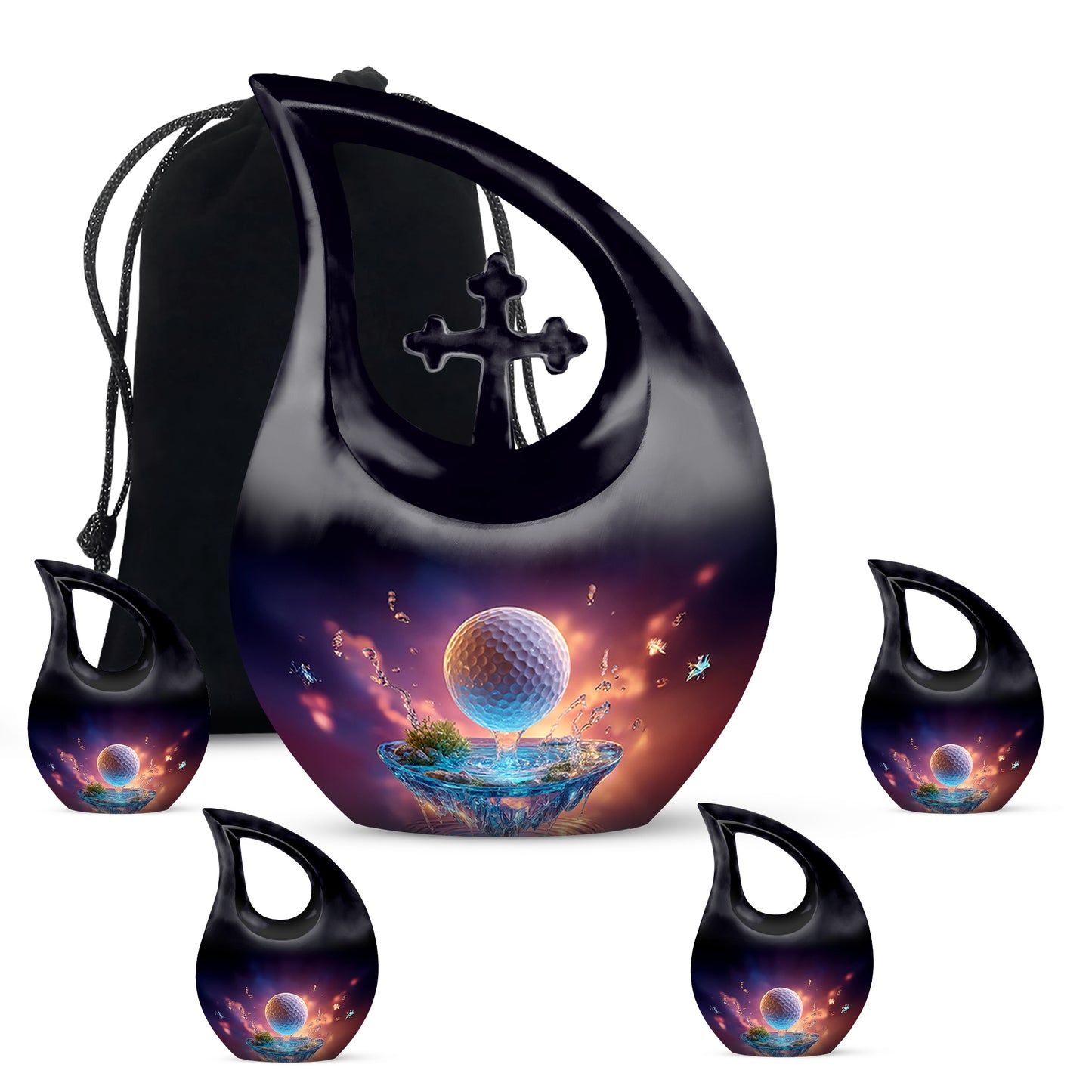 Orchid Purple Golf Cremation Urn urn with complimentary velvet bag - cross and golf combined in spiritual memorial design - memorial set with one large and four small urns