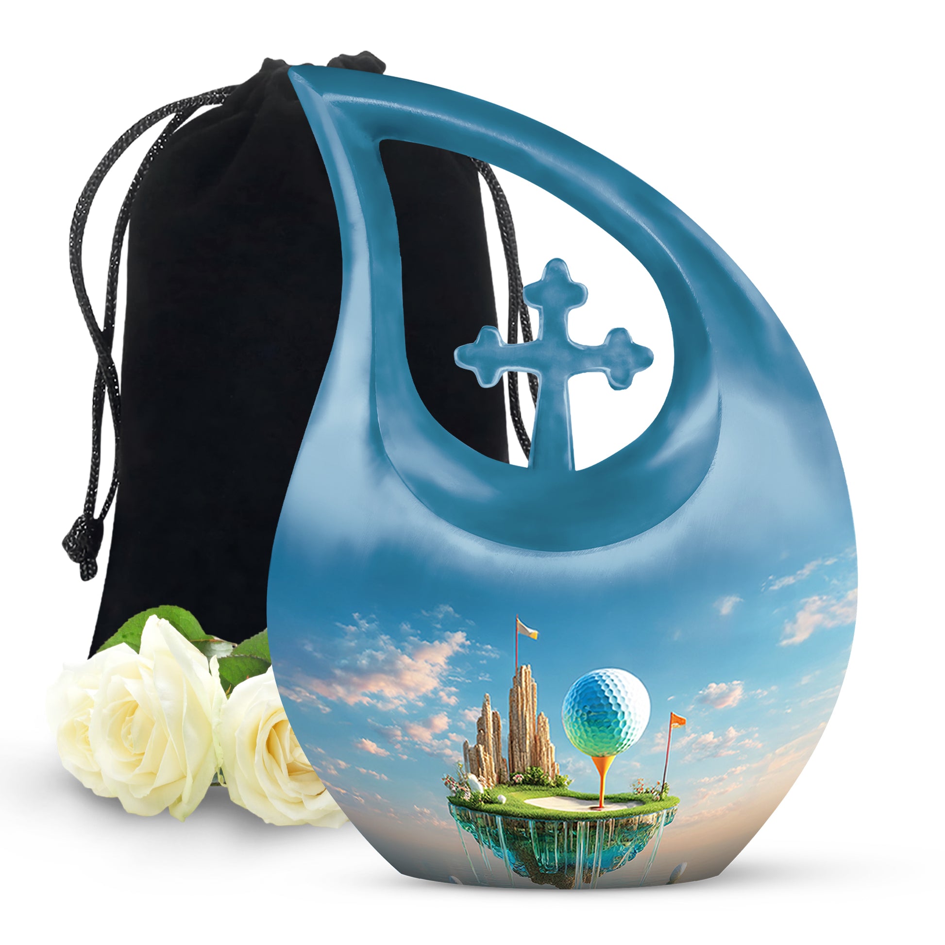 Steel Blue Golf Cremation Urn top-down view of secure threaded lid - devotional cross-drop golf engraving - full-size 10 inch 200 cubic inch adult cremation urn