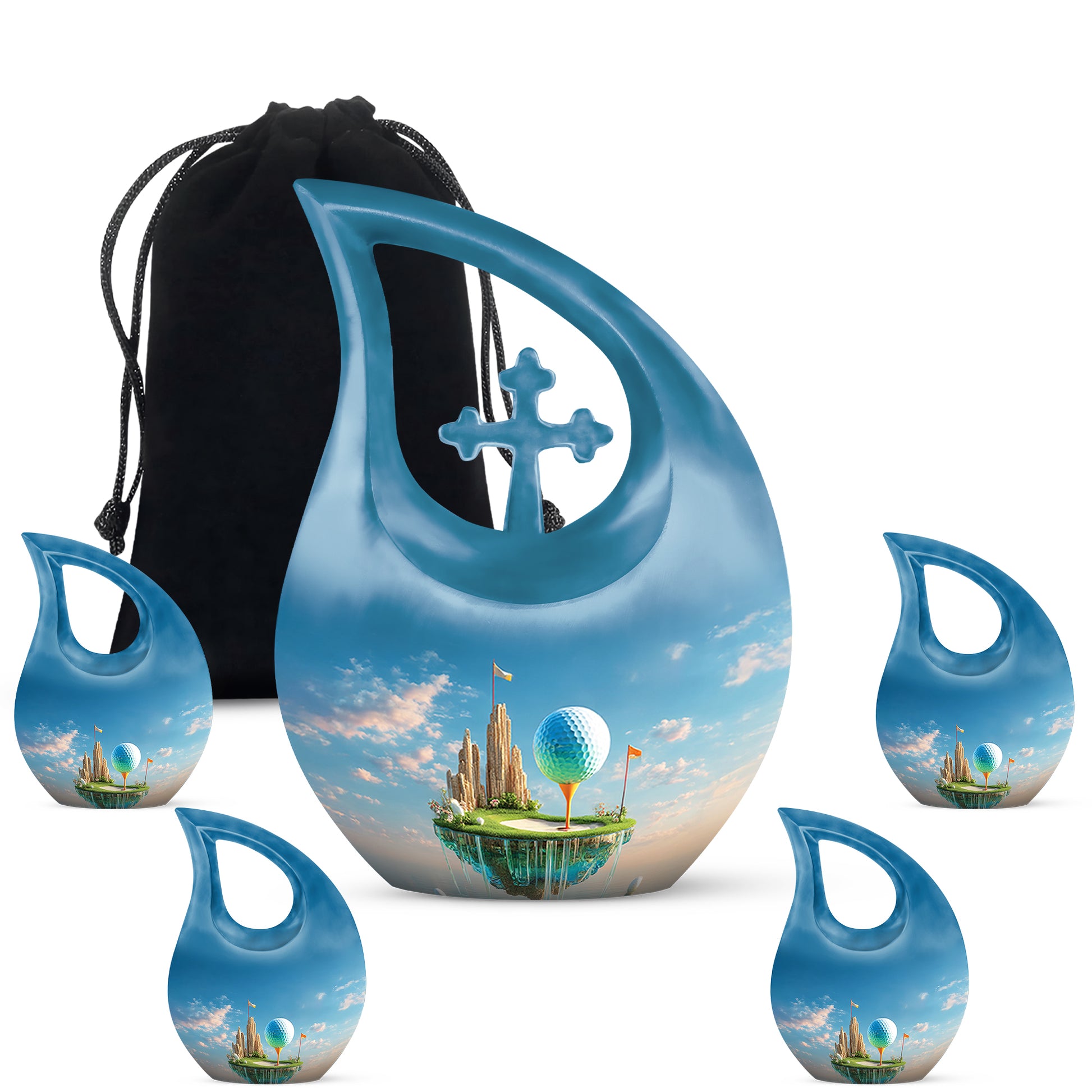 Navy Blue Golf Cremation Urn urn with complimentary velvet bag - sacred cross merged with golf motif on metal - memorial set with one large and four small urns