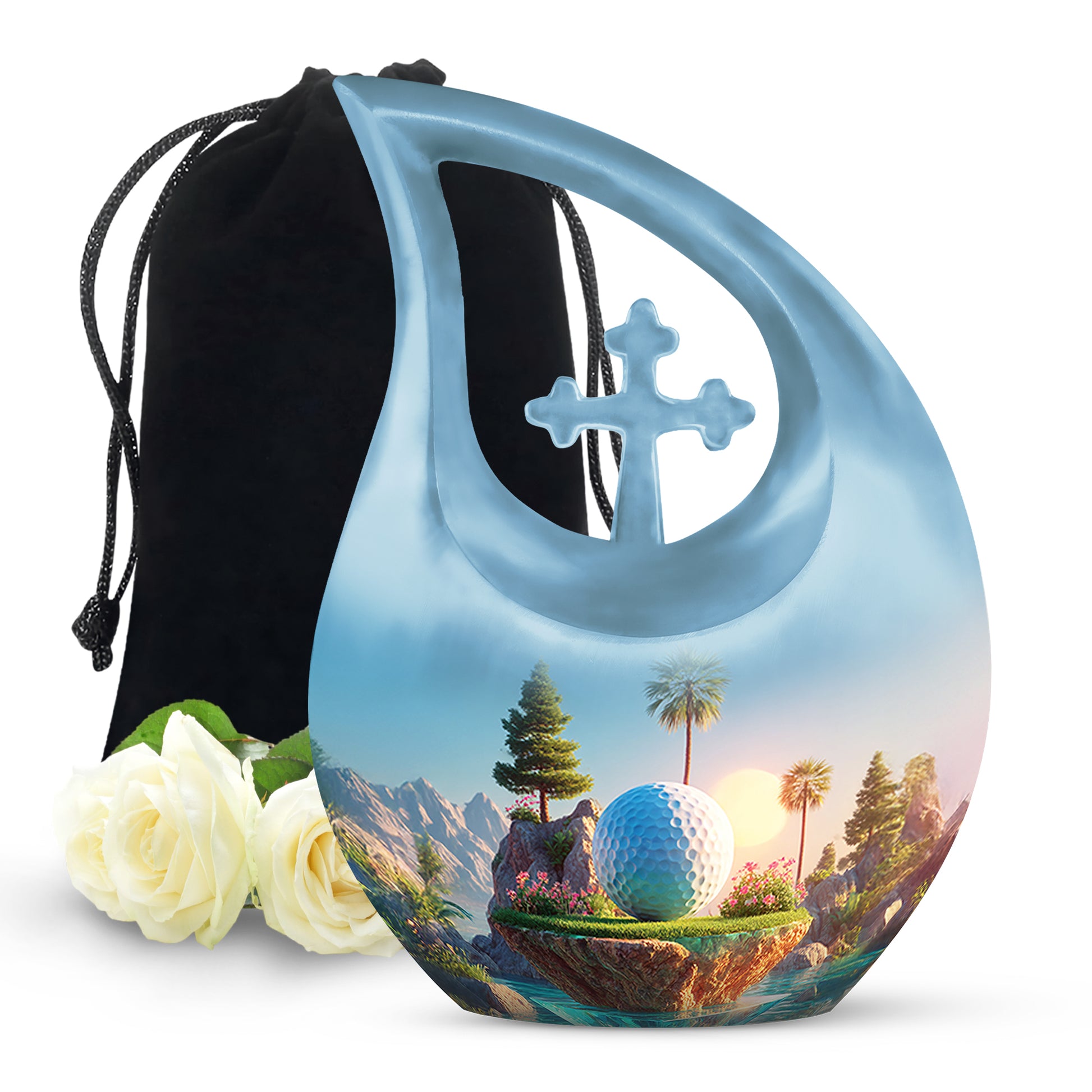 Misty Blue Golf Cremation Urn top-down view of secure threaded lid - cross and golf combined in spiritual memorial design - full-size 10 inch 200 cubic inch adult cremation urn