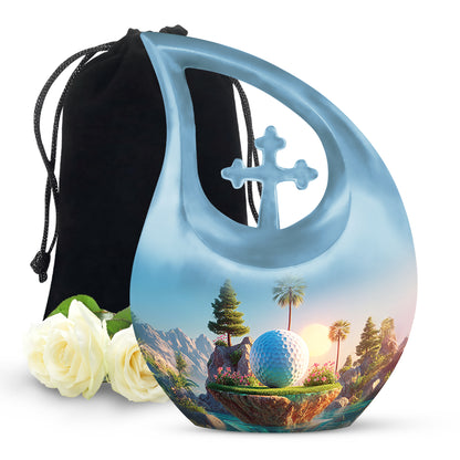 Misty Blue Golf Cremation Urn top-down view of secure threaded lid - cross and golf combined in spiritual memorial design - full-size 10 inch 200 cubic inch adult cremation urn