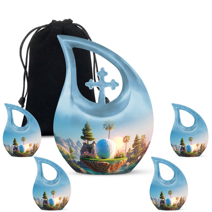 Sapphire Blue Golf Cremation Urn urn with complimentary velvet bag - devotional cross-drop golf engraving - memorial set with one large and four small urns
