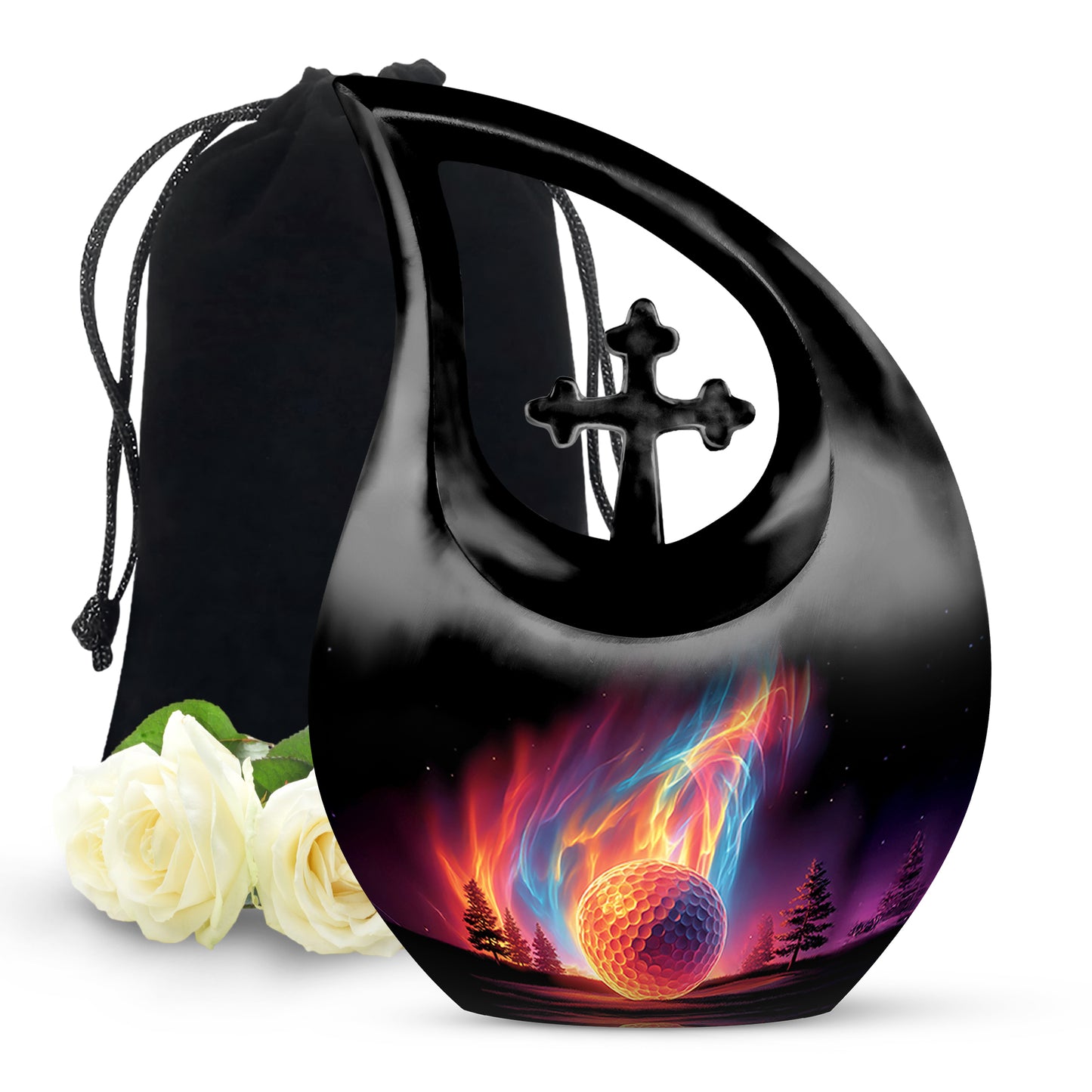 Deep Black Golf Cremation Urn top-down view of secure threaded lid - sacred cross merged with golf motif on metal - full-size 10 inch 200 cubic inch adult cremation urn
