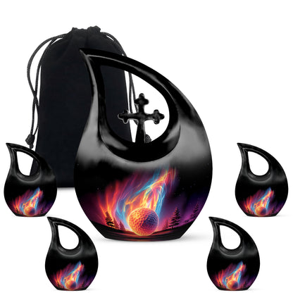 Ebony Golf Cremation Urn urn with complimentary velvet bag - cross and golf combined in spiritual memorial design - memorial set with one large and four small urns