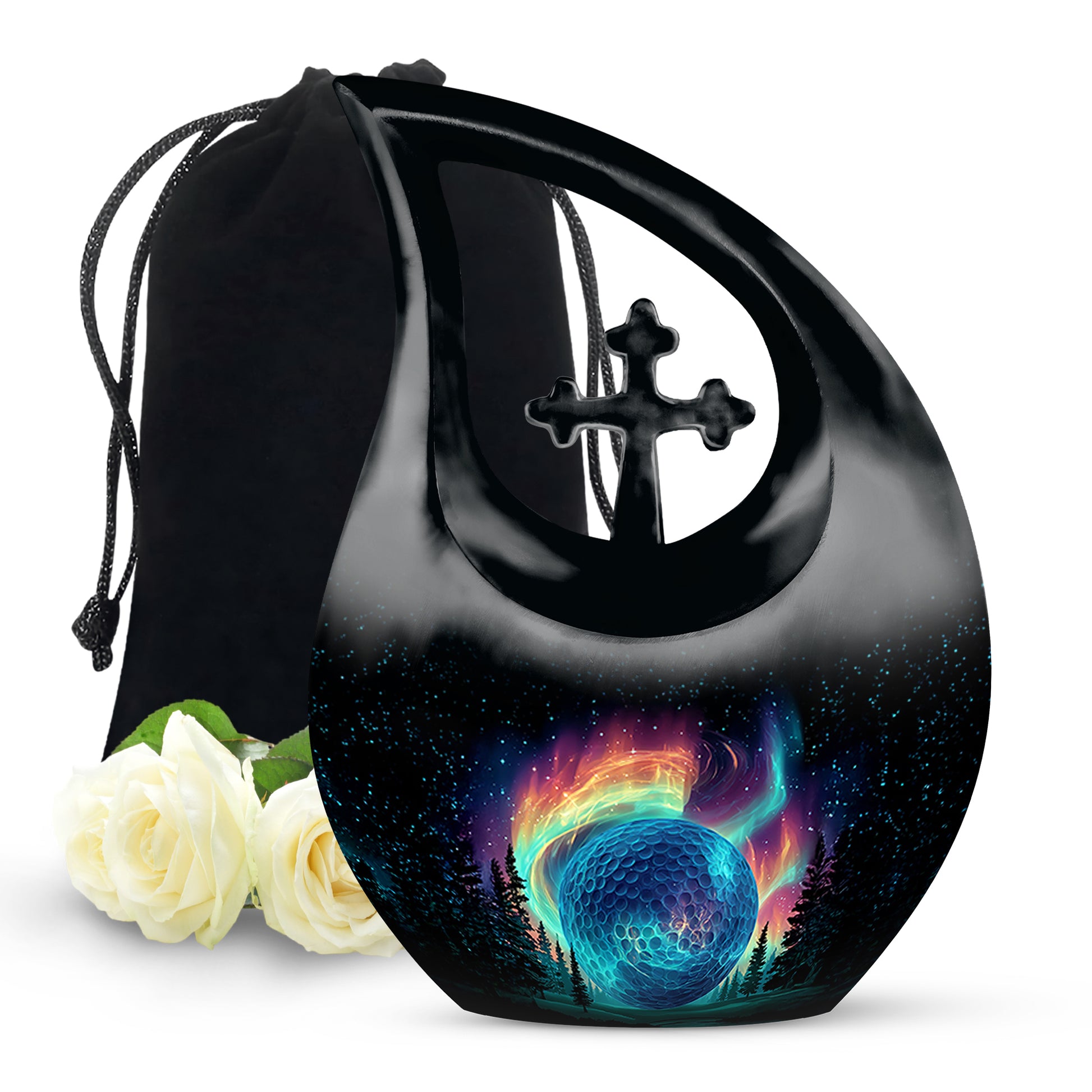 Obsidian Black Golf Cremation Urn top-down view of secure threaded lid - faith-inspired cross-drop urn with golf pattern - full-size 10 inch 200 cubic inch adult cremation urn