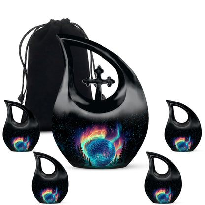Obsidian Black Golf Cremation Urn urn with complimentary velvet bag - faith-inspired cross-drop urn with golf pattern - memorial set with one large and four small urns