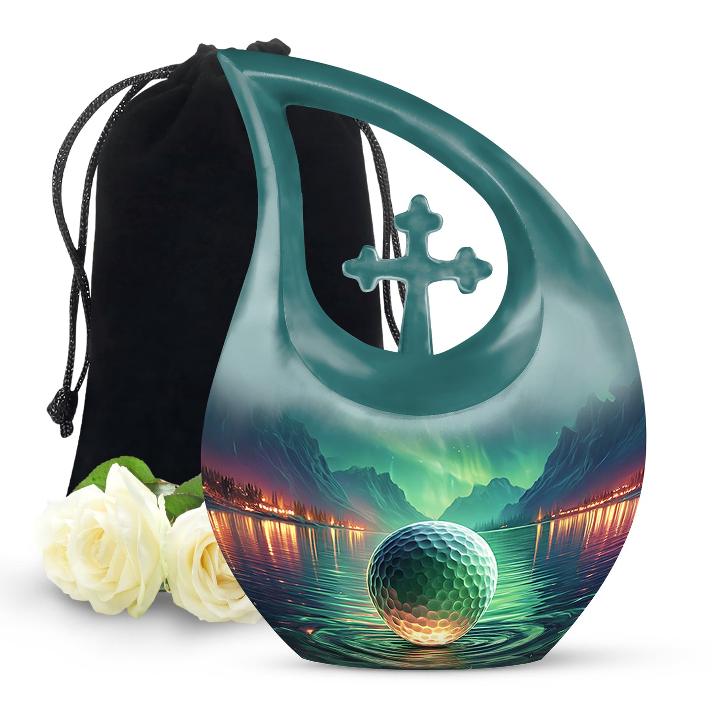 Tropical Teal Golf Cremation Urn top-down view of secure threaded lid - faith-inspired cross-drop urn with golf pattern - full-size 10 inch 200 cubic inch adult cremation urn