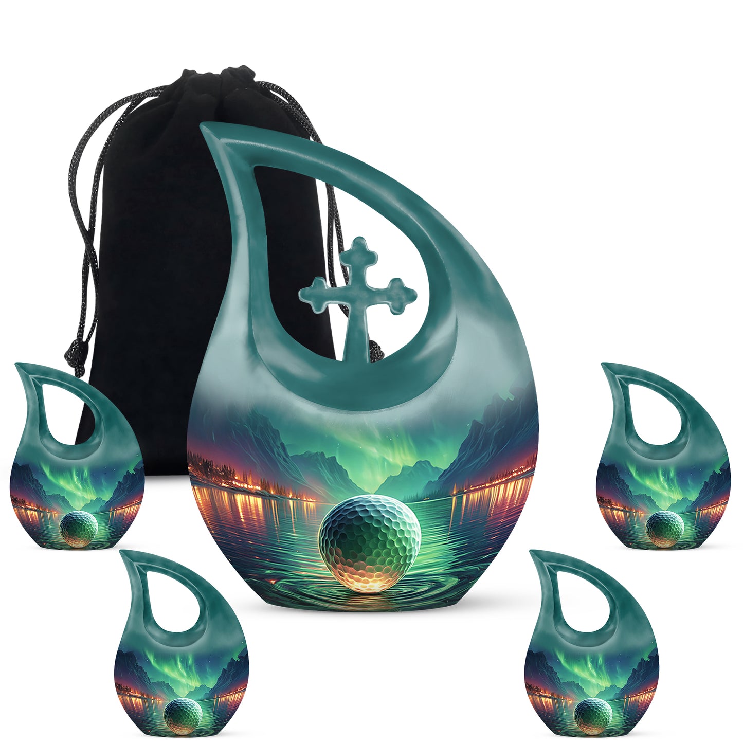 Sea Green Teal Golf Cremation Urn urn with complimentary velvet bag - cross and golf combined in spiritual memorial design - memorial set with one large and four small urns
