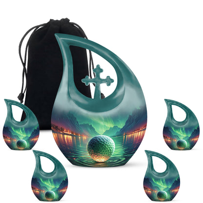 Sea Green Teal Golf Cremation Urn urn with complimentary velvet bag - cross and golf combined in spiritual memorial design - memorial set with one large and four small urns