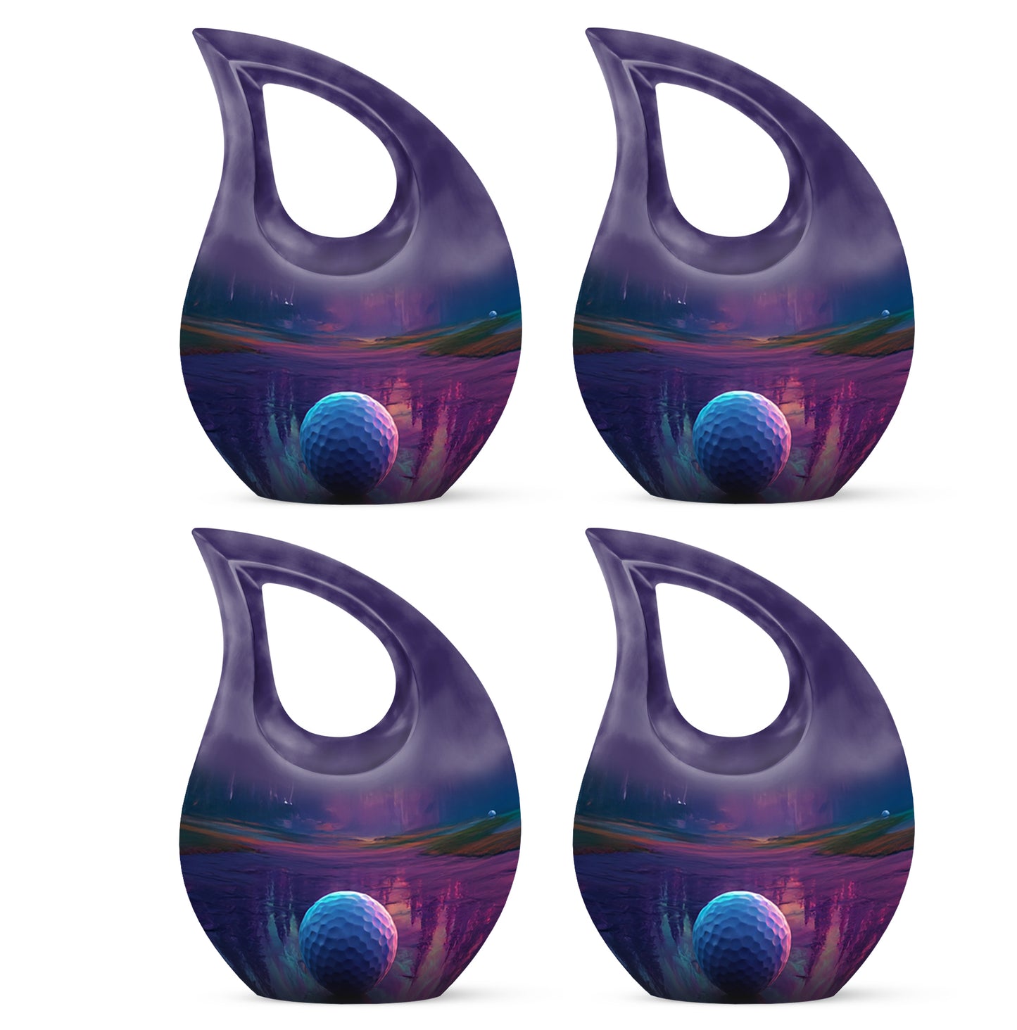 Orchid Purple Golf Cremation Urn lifestyle display on memorial shelf - cross and golf combined in spiritual memorial design - 10 inch aluminum urn for cremated remains
