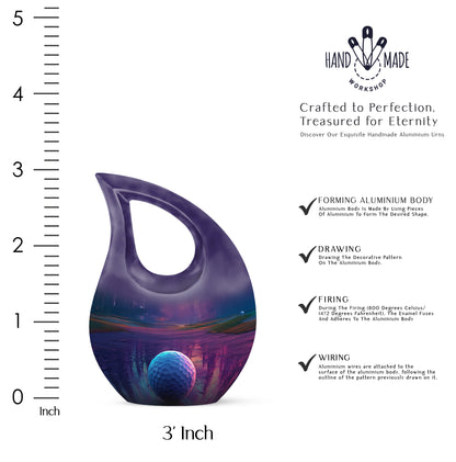 Grape Purple Golf Cremation Urn back view with polished surface - faith-inspired cross-drop urn with golf pattern - mini keepsake memorial for portion of cremation ashes