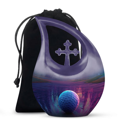 Violet Purple Golf Cremation Urn top-down view of secure threaded lid - faith-inspired cross-drop urn with golf pattern - full-size 10 inch 200 cubic inch adult cremation urn